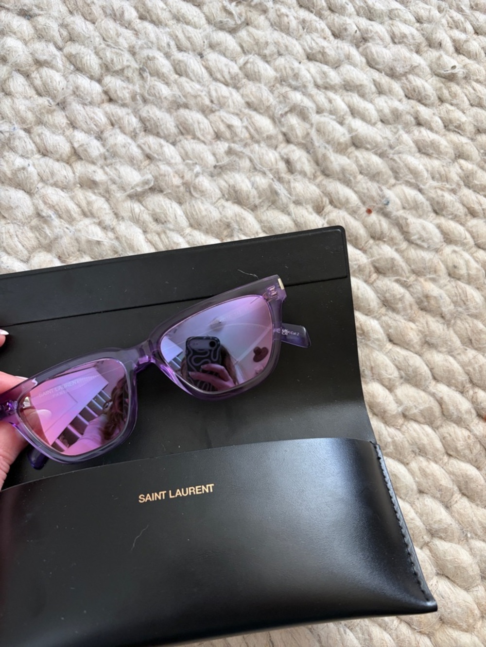 Saint Laurent Translucent Purple Cat-Eye Sunglasses with Mirrored Lenses